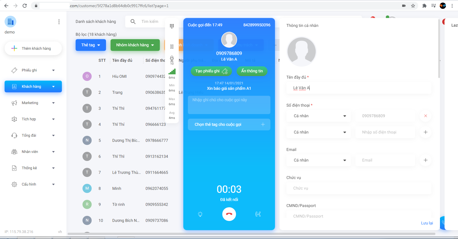 Tổng đài Nghe/Gọi thích hợp CRM